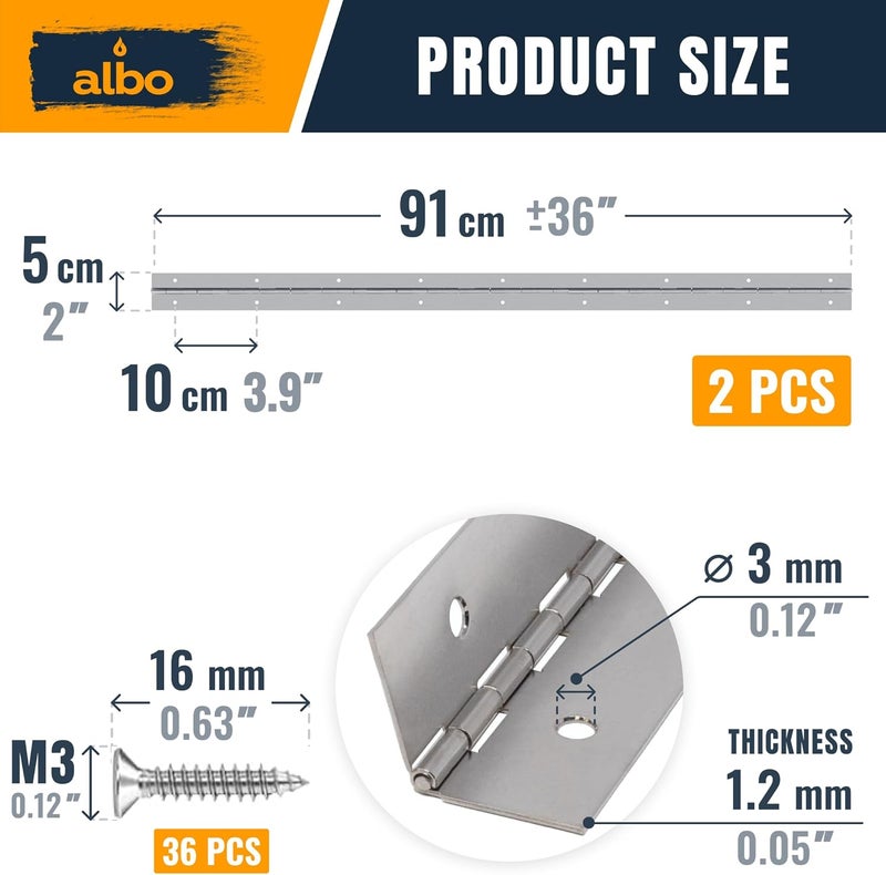 ALBO 36 Inch Silver Heavy Duty Piano Hinge Continuous Stainless Steel 304 (2-Pack), Surface Mount Cabinet Hinges Silver 36"x2" for Piano Lid, Commercial Display & Industrial Cabinet, Professional - Image 2